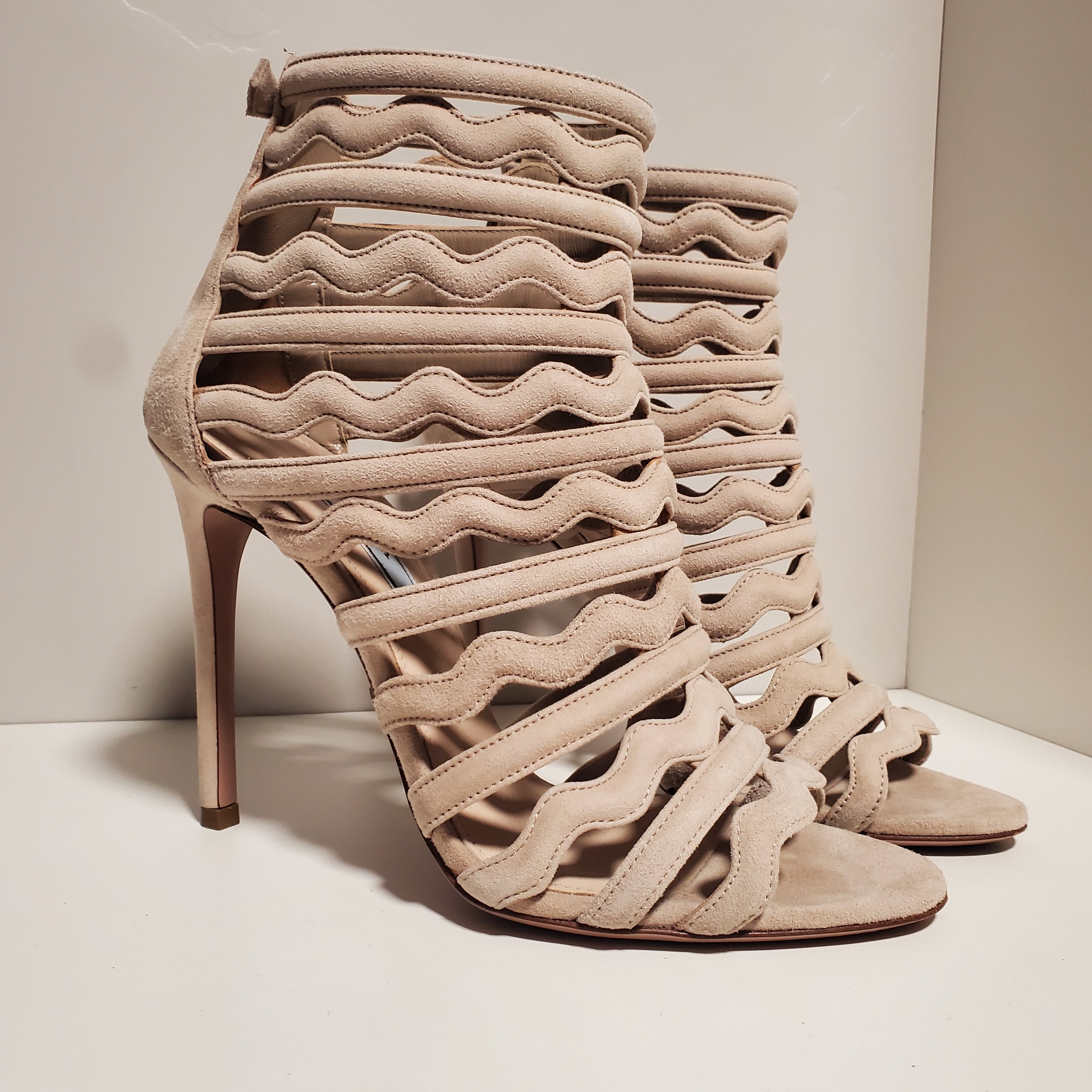 Prada Beige Wavy Suede Strappy Stiletto Boots - Women